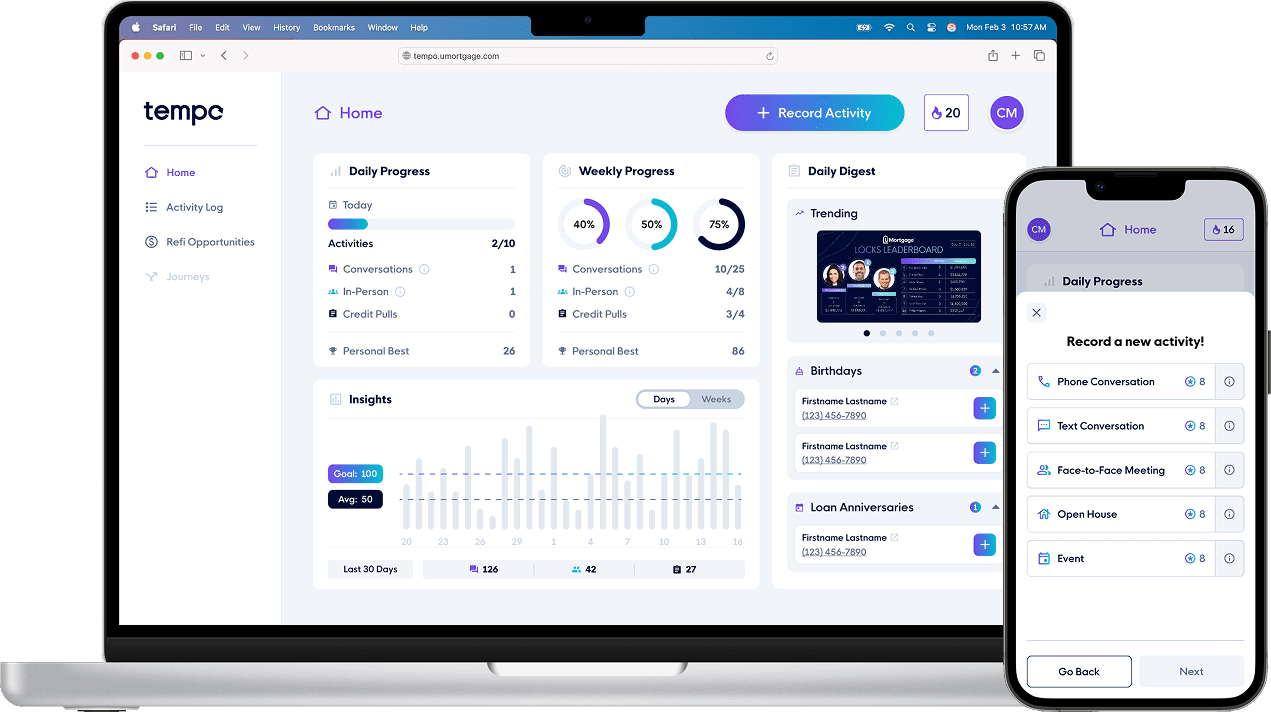 Tempo on a laptop and a phone: the home dashboard with daily and weekly progress, and the record-activity screen.
